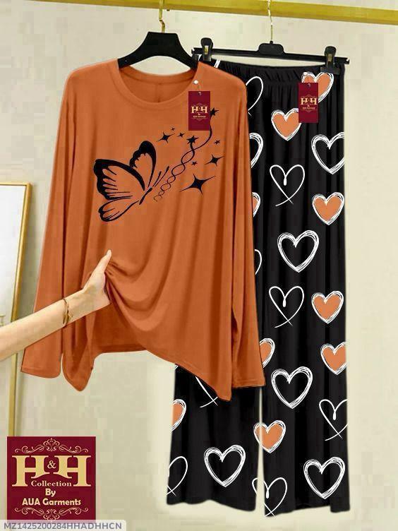 2 Pcs Women's Stitched Printed Night Suit
