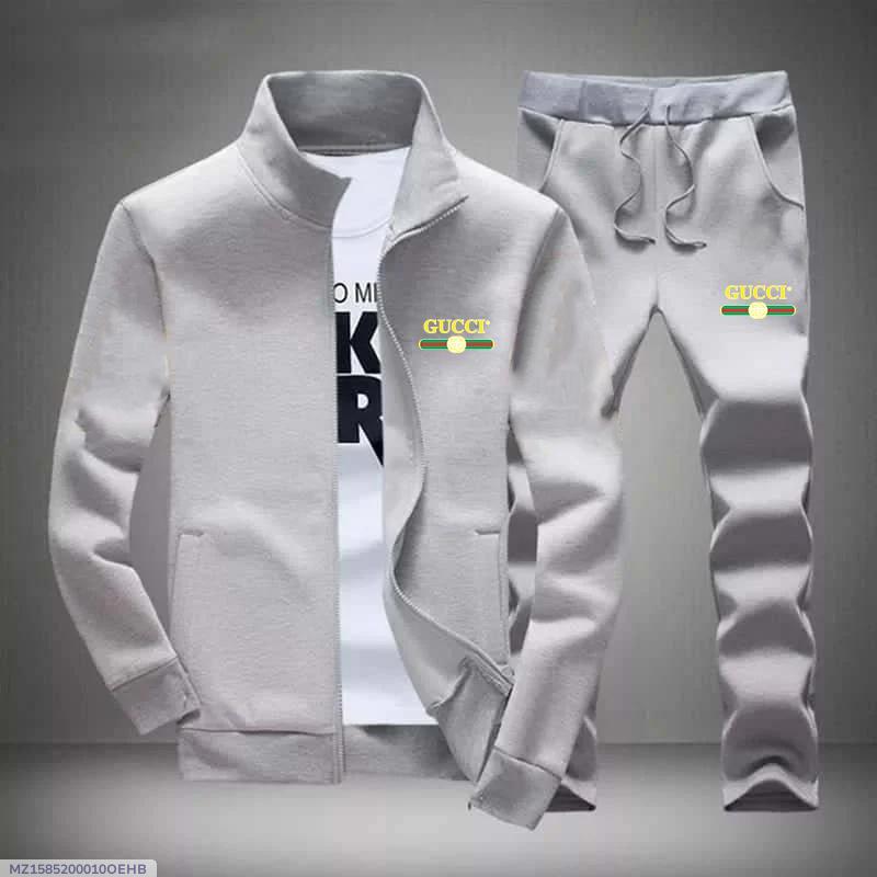 Men's Printed Fleece Zipper Track Suit - 2 Pc in Grey