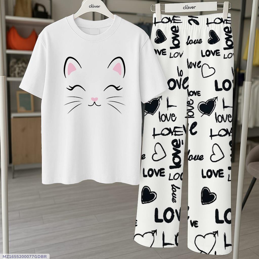 2 Pcs Women's Printed Jersey Night Suit -