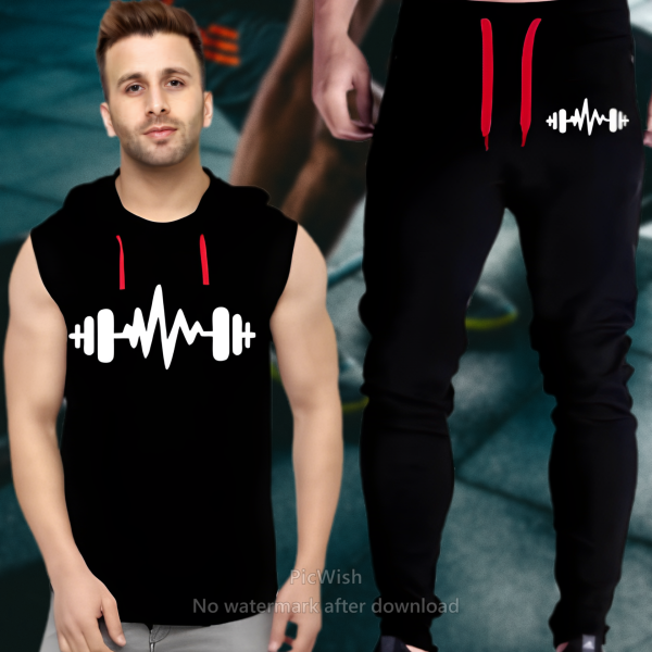 Black Vinyl Dumble Printed Gym Summer Hooded Sleeveless Tracksuit For Mens (hooded + Trouser