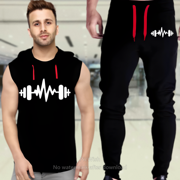 Black Vinyl Dumble Printed Gym Summer Hooded Sleeveless Tracksuit For Mens (hooded + Trouser