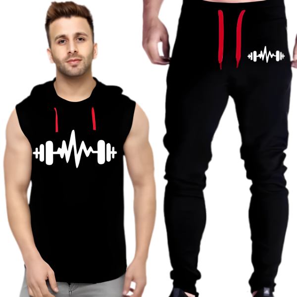Black Vinyl Dumble Printed Gym Summer Hooded Sleeveless Tracksuit For Mens (hooded + Trouser