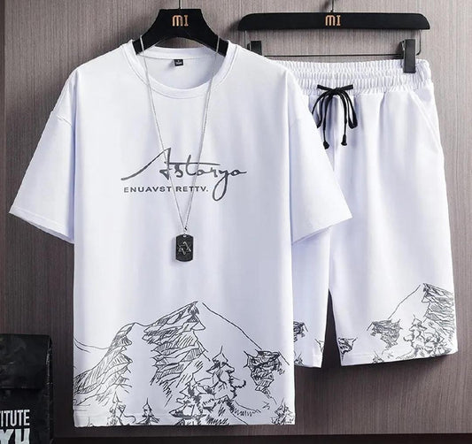 Men's Printed Polyester T-Shirt  Shorts Tracksuit - 2 Pcs Set