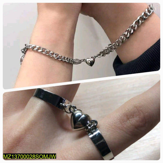 4 Pcs Alloy Silver Plated Ring And Bracelet Couple's Set