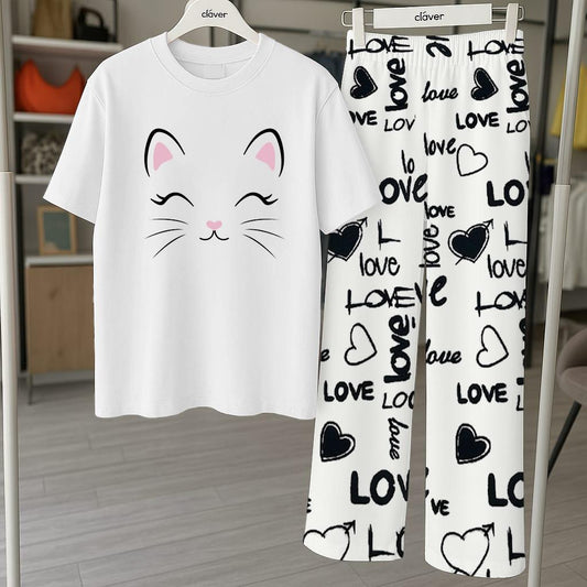2 Pcs Women's Printed Jersey Night Suit -