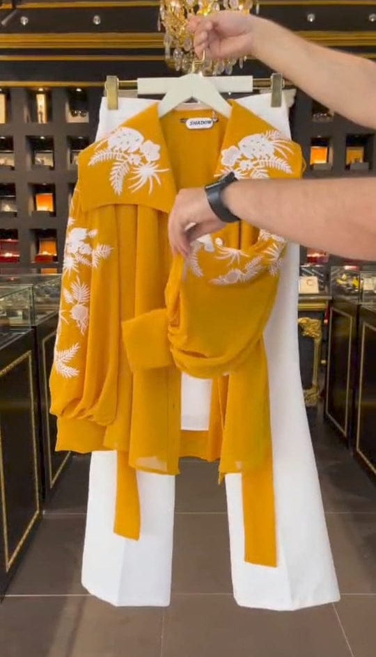 Women’s 3-piece Mustard Embroidered Chiffon Western Maxi Set – Upper, Inner &amp; Belt, Medium Size, Elegant Party Wear